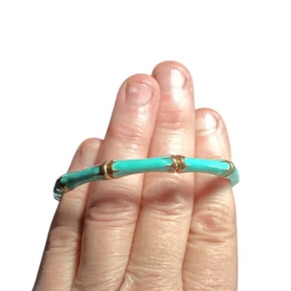 Vtg Fornash Gold Tone Metal and Pastel Teal Enamel Bangle Bracelet Bamboo Design - Picture 2 of 9